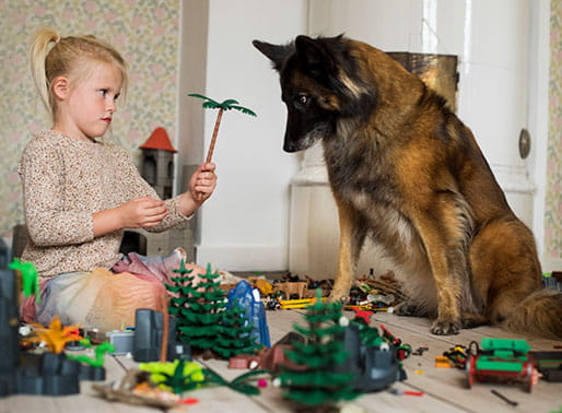 barn och hund leker tillsammans
