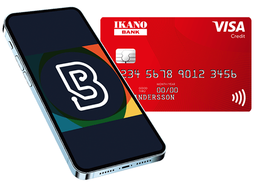 Mobil med Betalo-appen ligger bredvid ett Ikano Kort.