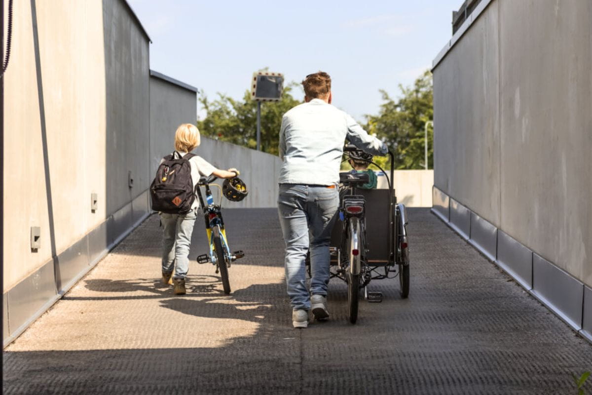 Ryggarna av en pojke och en pappa som går uppför en backe och leder vars en cykel.